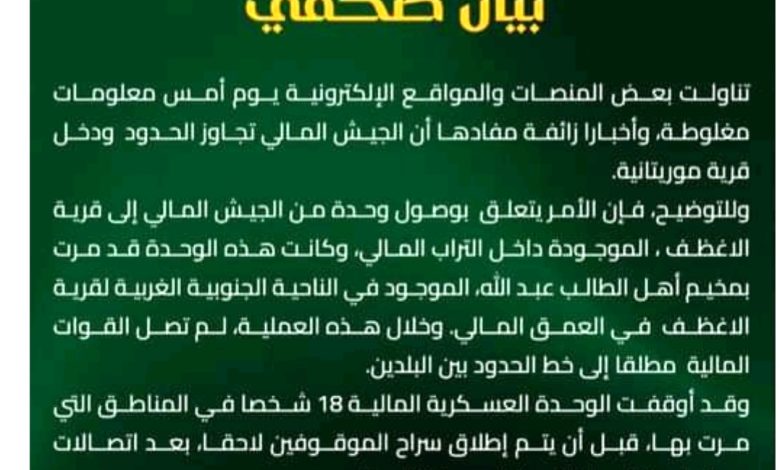 صورة الجيش الموريتاني ينفي تجاوز الجيش المالي حدود البلاد